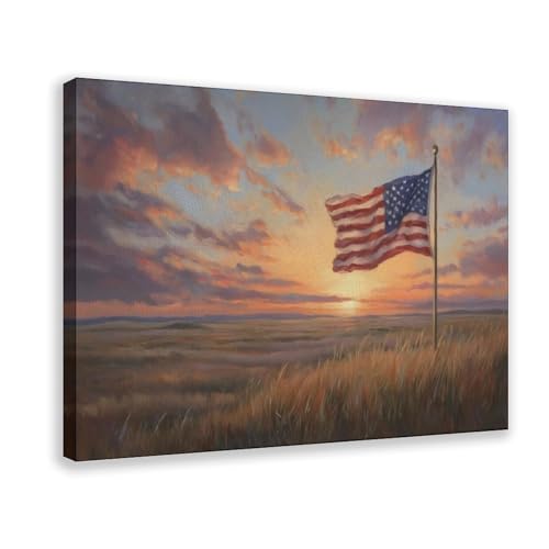 American Flag Canvas Wall Art Patriotic Sunset Painting Rustic Farmhouse Independence Day Picture 4th of July Wall Decor Ready to Hang for Living Room Bedroom Office 18"x12"
