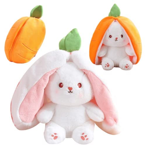 Plush Pillow Cute Rabbit Stuffed Animal, Reversible Bunny Carrot Strawberry Pillow with Zipper,Kawaii Plushie Soft Hugging Body Pillow Plush Toy Gifts (Carrot Rabbit)
