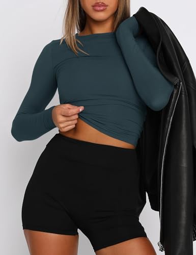 Image of AKEWEI Long Sleeve Crop Tops for Women 2 Pack Fall Going Out Outfits Cute Tight Basic Tees Shirt