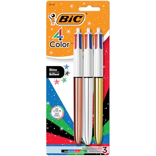 BIC 4 Color Shine Retractable Ballpoint Pen with Long-Lasting Ink and 1.0 mm Medium Point, 3-Count in Assorted Ink