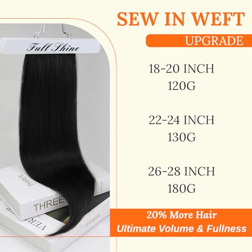Image of Full Shine Weft Hair Extensions Human Hair, 24 Inch 130G, Color Off Black | Invisible Sew In Extensions, Machine Tied Straight Weft, Straight Hair Bundles, Women Daily Styling