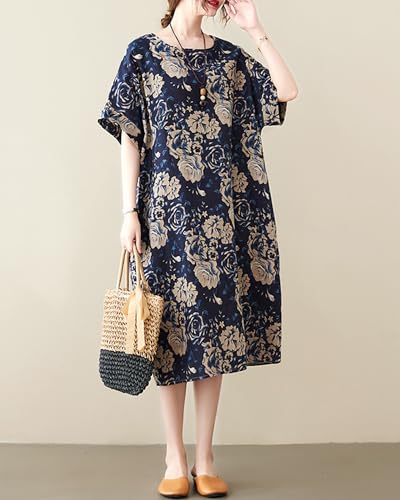 Image of LUZU JUNU Women's Summer Baggy Plus Size Loose Cotton Linen Long Boho Beach Dress with Pockets