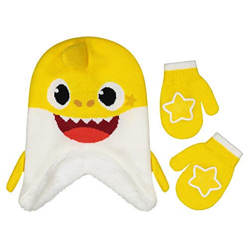 Baby Shark bonnet enfant avec moufles assorties kit hiver jaune taille toddler 2-4 ans
