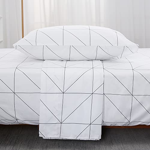 Image of Best Season Bed Sheet Set 3 Pieces -Twin Size-Soft Durable Microfiber Bedding Sheet Set,Deep Pocket,Stain,Fade & Wrinkle Resistant(Geometric White)