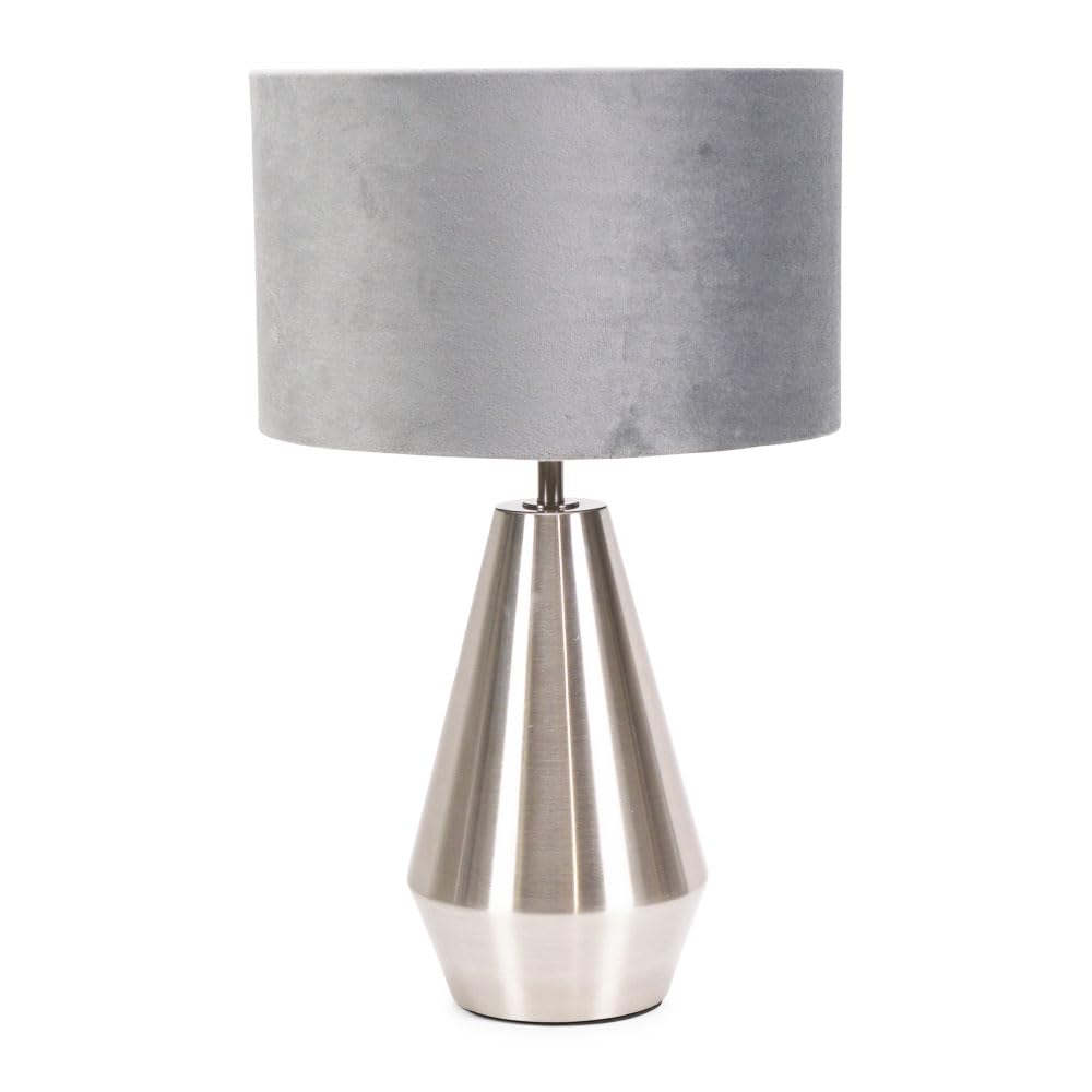 Valuelights Unisex Grey Jax Brushed Chrome Dimmable Touch Table Lamp W/ Velvet Drum Shade In