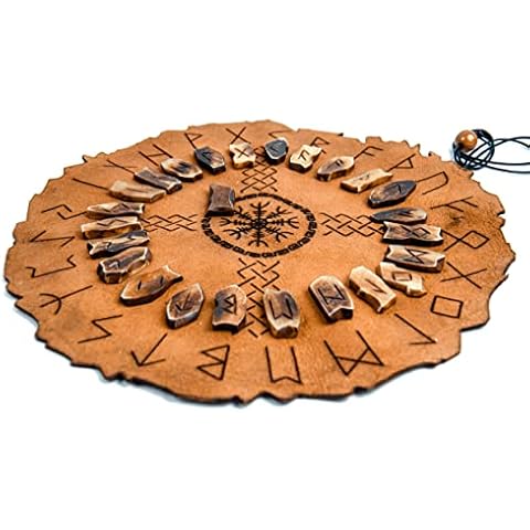 NORSE EMPIRE Viking Rune Divination Set Includes a Premium Leather Divination mat and Genuine Bone Elder Futhark runestone Pieces Cover