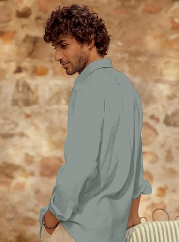 Image of Men's Long Sleeve Linen Shirt, Button Down, Casual Collared, Full Sleeve Shirt