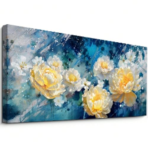 Toile abstraite violette et bleue grand format décoration murale moderne affiche fleurs jaunes