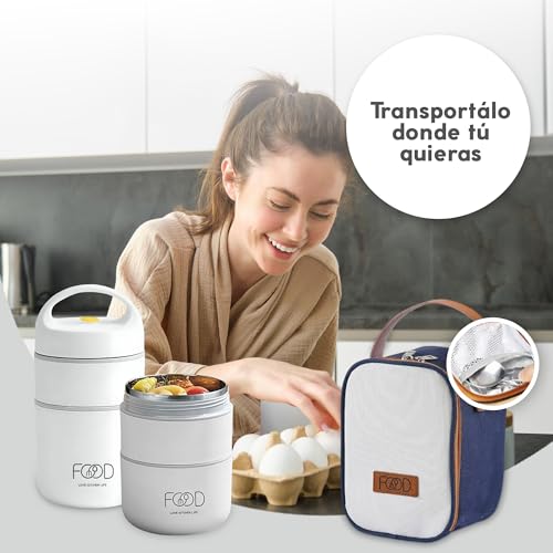 Miniatura 6 de Lonchera Semi Termo Para Dos Comida 660 Ml Blanca . Recipiente Semi Térmico Adecuada Para Llevar Comidas Sin Bpa Con Bolsa Aislante De Transporte Para La Comida Del Niño O Adulto.