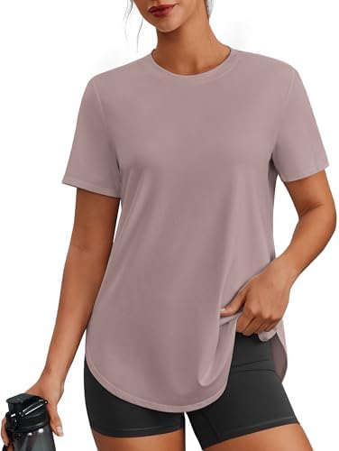 PINSPARK Workout Tops for Women Round Neck Hiking Shirt Short Sleeve Athletic Shirts SPF 50+ Running Top Quick Dry Fitness Clothing, Warm Ash Grey Medium