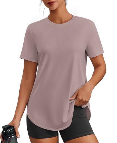PINSPARK Workout Tops for Women Round Neck Hiking Shirt Short Sleeve Athletic Shirts SPF 50+ Running Top Quick Dry Fitness Clothing, Warm Ash Grey 3XL