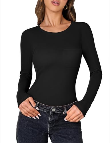 Aottori Damen Langarmshirt Rundhals mit Brusttasche Oberteile Elegant Slim Fit Shirts Langarm Stretch Baumwolle Freizeitshirt Frühling Herbst Basic Top Layer Casual Schwarz M