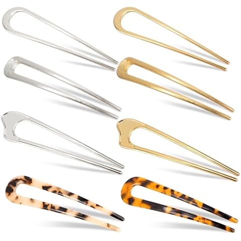Chanaco French Hair Pins for Women 8Pcs Gold Silver Hair Accessories Metal Hair Sticks for Buns French U Shaped Twist Hairpin for Styling Decorative Hair Fork Hairstyles for Long Thin Thick Hair Cover
