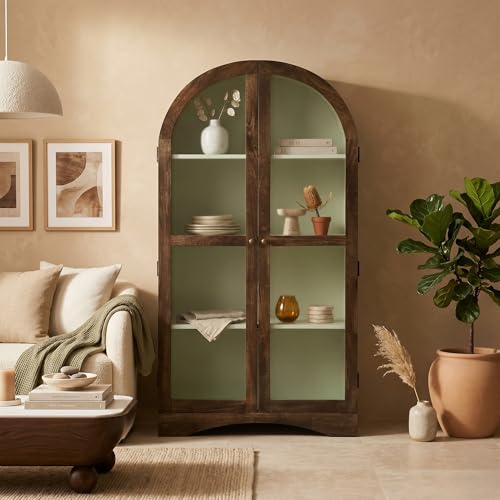 Image of Archies 2 Door Display Cabinet Crockery Cabinet Wooden Multipurpose Cabinet Scratch Resistant Tubaq and Off White Finish Mango Wood 80 x 40 x 160 cm