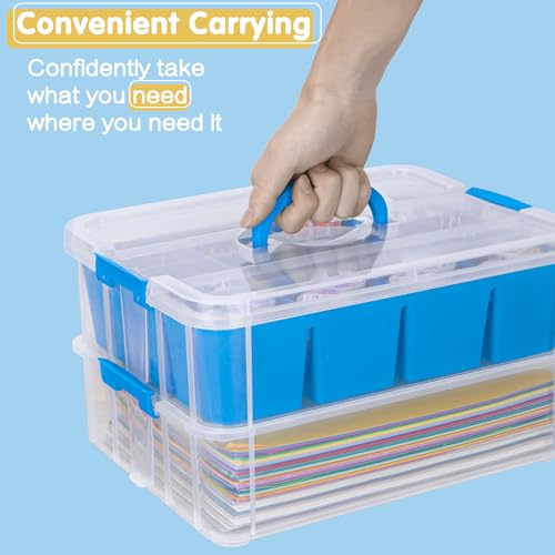 TERGOO 2 Layer Plastic Storage Containers with Removable Tray, Multipurpose Stack & Carry Box with Lid, Portable Craft Organizers and Storage Bin for Organizing Art & Craft Supplies, Crayon(Blue)