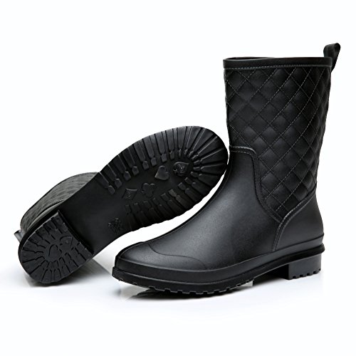 17KM Womens Black Short Anti Slip Rain Boots Mid-Calf Waterproof Rubber Garden Rain Shoes 7 US, Grid Black - Thumbnail 4