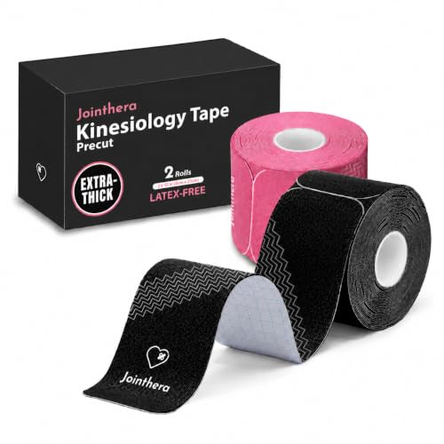 JOINTHERA Premium Extra-Thick Latex Free Kinesiology Tape for Sensitive Skin (2 x 10) | Hypoallergenic Waterproof Precut Strips | Knee Wrist Ankle & Shoulder Support (20 Strips/Roll 2 Rolls)