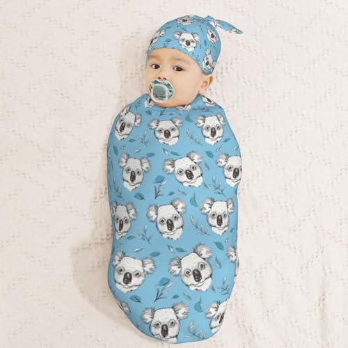Image of Funny Cute Koala Heads Newborn Swaddle Blankets Hat Sets Soft Baby Receiving Blanket Swaddle Sack for Baby Shower Infant Boy Girl Gift
