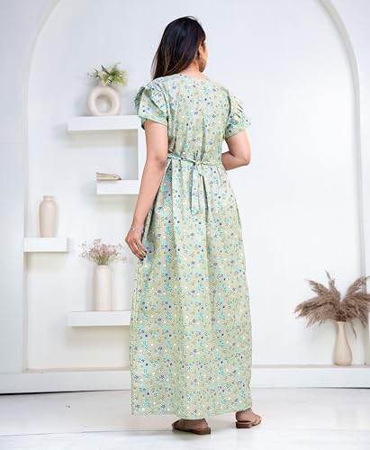 Image of Pure Cotton Designer Nighty for Women | Night Gown | Nightdress | Maxi Nighty | Sleepwear | Jaipuri Nighty | Nighties | Cotton Night Gown for Women /Girls with Belt Pink