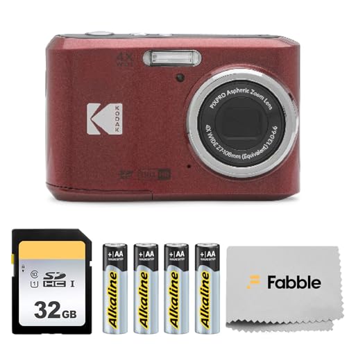 KODAK PIXPRO FZ45 16MP Digital Camera with 4X Optical Zoom 27mm Wide Angle and 2.7" LCD Screen Bundle with 32GB SD Memory Card, AA Batteries (4 Pack), Lens Cleaning Cloth (Red)