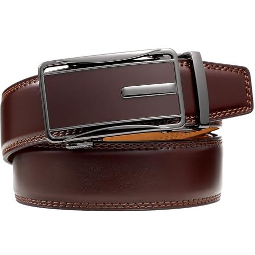 Image of Drowsmen Leather ratchet belt 1 3 /8 inch with Click Sliding Automatic Buckle, Adjustable belt Trim to Fit