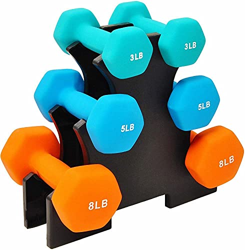 Signature Fitness Neoprene Coated Dumbbell Set with Stand (3lbs, 5lbs, 8lbs Set), Multicolor