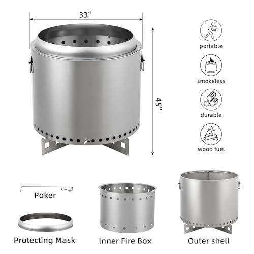 16.5" Smokeless Fire Pit, Portable Backyard Fire Pit with Handle, Wood Burning Stainless Steel Fire Pit with Poker and Removable Stand for Camping, Garden, Patio