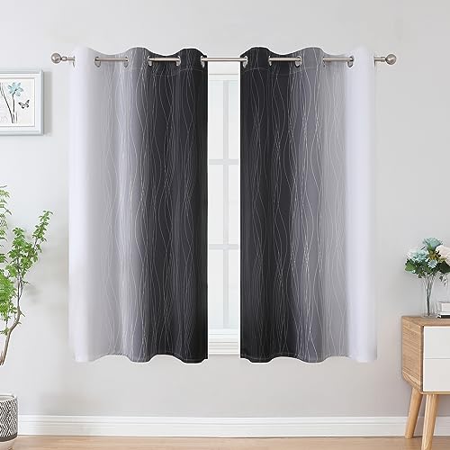 Estelar Textiler Black and Greyish White Blackout Curtains 54 Inch Length, Light Blocking Gradient Grommet Drapes for Kitchen, Thermal Insulated Ombre Curtains for Bathroom,42Wx54L,2 Panels
