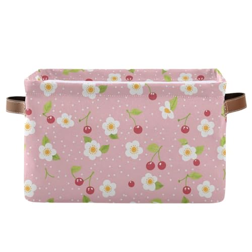 Wusikd Cute Cherry Storage Basket Set of 1 Large Fabric Flower Pink Storage Baskets Bins Box Cube with Handles Collapsible Closet Shelf Clothes Organizer Basket for Nursery Bedroom