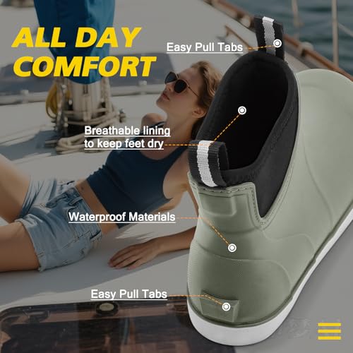 Image of Women's Deck Boots, Rubber Rain Boots Chelsea Ankle Booties with Anti-Slip Sole Waterproof Fishing Shoes for Outdoor Work Garden Camping