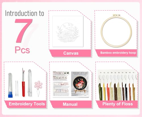 Image of Huacan Embroidery Kit for Beginners Adults Includes Stamped Flower Pattern, Hoop, Color Threads,Tools,Easy to Follow Instruction (Mushroom)