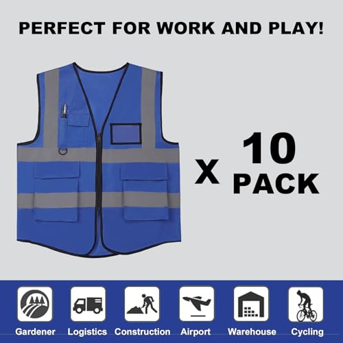Image of 10 Pack Neon Reflective Safety Vests,Blue High Visibility Construction Vests, ANSI Certified Work Vest for Men Women