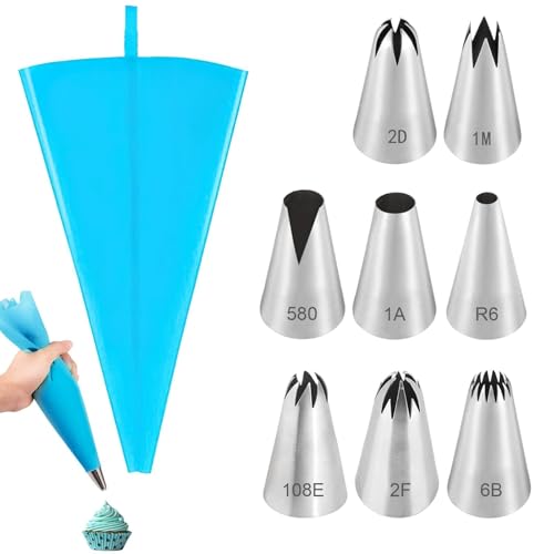 Spritztüllen Groß Edelstahl Und Spritzbeutel Set, Profi Torten Zubehör Piping Bags Nozzles Blumen Tips Aufsätze Spritztülle Dekorieren von Torten Cupcakes (1A/1M/2D/2F/580/R6/108E/6B)