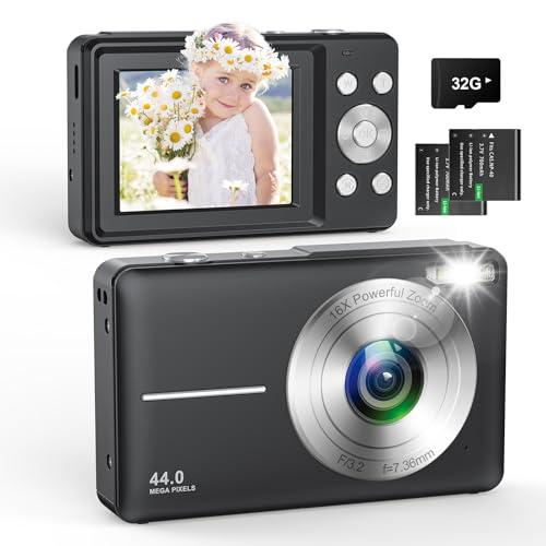 Cámara de Fotos con Tarjeta SD de 32 GB, 1080P Cámara Digital 44MP Camara Fotos Digital, Compacta Cámara Digital con Zoom 16X y 2 Baterías, para Principiantes
