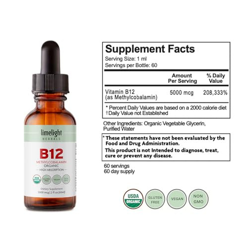 USDA Organic Vitamin B12 Liquid Drops 5000 mcg, Methylcobalamin, Sublingual, Fast Absorption, Cellular Energy, Metabolism Support, Nervous System, Mental Focus, Vegan, Non-GMO, 2 fl oz, 60 Servings