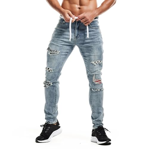Jeans Pants Trouser Denim Ripped Hole Street Trendy Washed Blue Ground White Elastic Tight Fit Men3