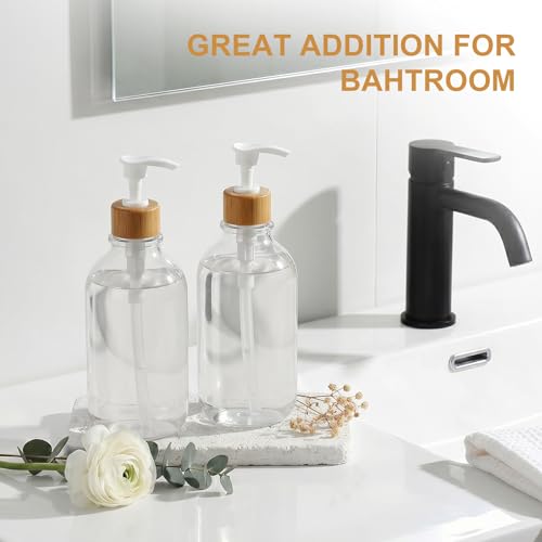 Image of KASUNTING Clear Soap Dispenser, 2 Pack Plastic Dish Soap Dispenser for Kitchen, 17 Fl Oz Bathroom Hand Soap and Lotion Dispensers Set with Bamboo Pump, Refillable Liquid Soap Bottles