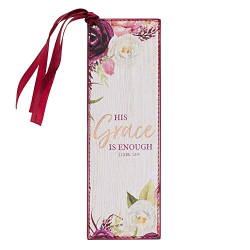 Christian Art Gifts Burgundy Faux Leather Bookmark | His Grace Is Enough - 2 Corinthians 12:9 Bible Verse Inspirational Bookmark for Women w/Satin Ribbon Tassel