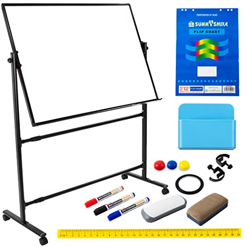 CORAV Mobile Whiteboard 70x36 - Rolling Dry Erase Board with White 360° Flippable, Double Sided Surface - Magnetic Whiteboard with Lockable Wheels - Height-Adjustable Classroom & Office Supplies