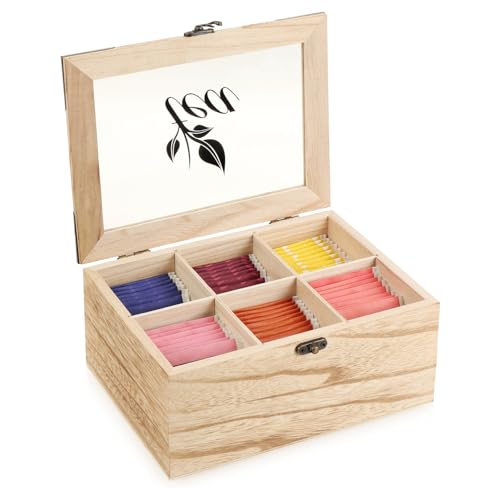 com-four® Caja de Almacenamiento de bolsitas de té rústicas - Caja de té con 6 Compartimentos, Ventana de visualización y Cierre - Caja de té en Estilo rústico (rústico - Tea - 6 cajones)