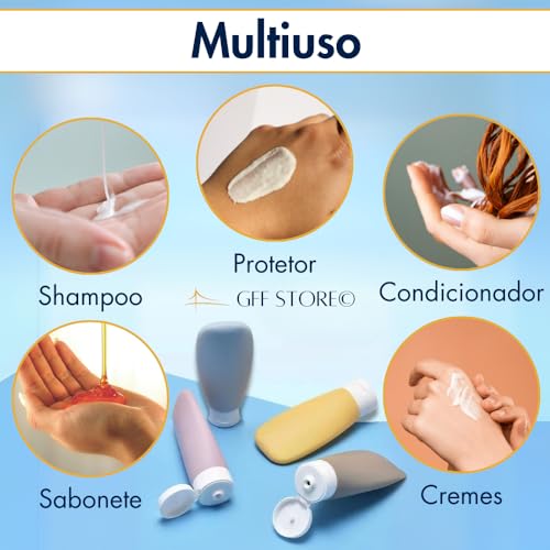 Kit 4 de Frascos de Silicone para Viagem com Necessaire ideal para transportar Shampoo Condicionador