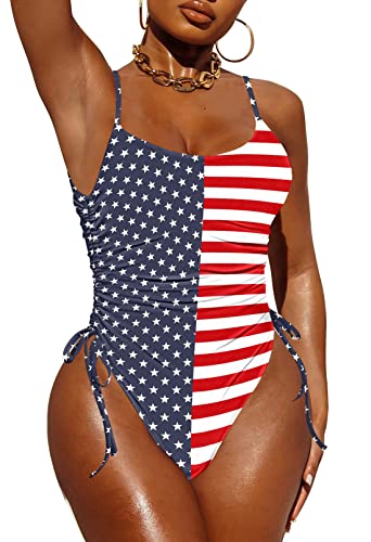 Pink Queen Womens One Piece Swimsuit Ruched High Cut Tummy Control Bathing Suit Swimwear American Flag L #TOP13