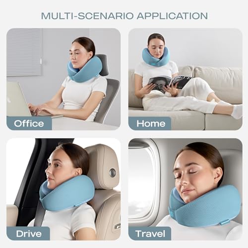 Image of Skechers Women's Memory Foam Neck Pillow, Comfortable & Breathable Travel Pillow,Neck Pillow Airplane for Travel, Car Rides, Home, and Office Use, Ergonomic Design for Men and Women,Light Blue