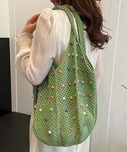 Yoeuxet Bolsa feminina de crochê colorida com contas de pérola, bolsa de ombro de malha de praia, Ve
