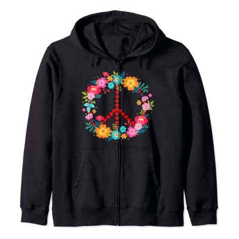 Peace Love Hippie Costume with Hearts 60s 70s Zip Hoodie Cover