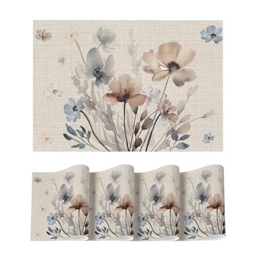Artoid Mode Brown Poppy Floral Vinyl Plastic Placemats Set of 4, Washable Non-Slip PVC Table Mats for Party Kitchen Dining Decor, 12×18 Inch