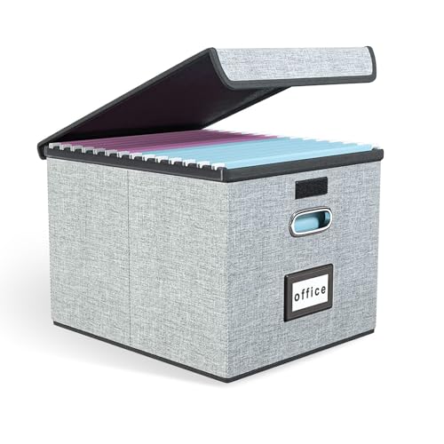 XURUIAU Upgrade Portable Document Organizer Box, Large Linen Hanging Office Document Storage Box with Lid-Grey, Office/Decorative/Home Foldable Document & Box 14.9 x 12.7 10.8 inches