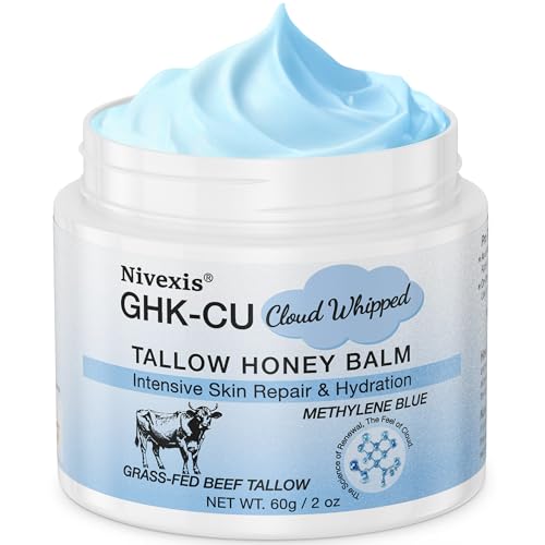 Nivexis Copper Peptides GHK-Cu Whipped Beef Tallow for Skin, Grass Fed Beef Tallow and Honey Balm for Face & Body, with Methylene Blue Anti-Aging Moisturizer, Suitable for All Skin Types, 2 Oz