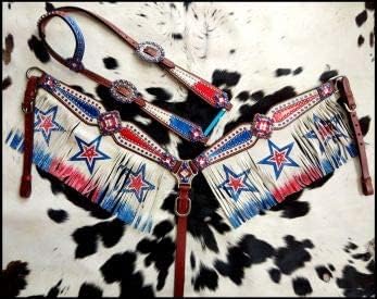 Showman Red/White/Blue Patriotic Headstall & Breast Collar Set w/Fringe