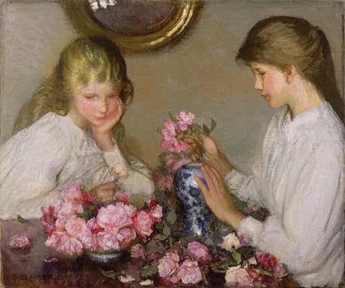 Toile George Clausen Deux filles arrangeant des bouquets en impression murale pour salon 60x90cm